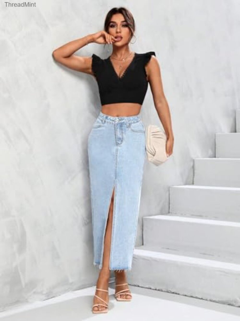 High Waist A-Line Maxi Denim Skirt with Front Split & Raw Hem - Picture 5 of 6